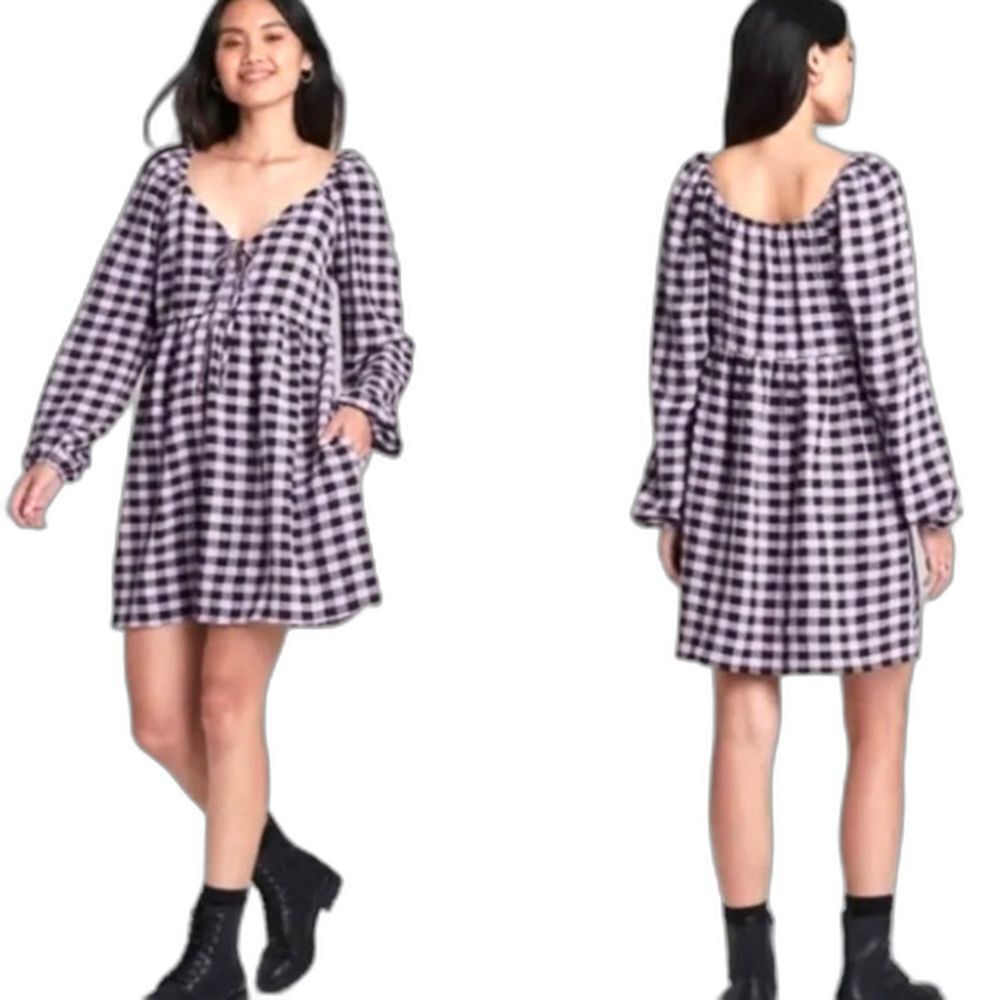 Wild Fable Black and Purple Plaid Long Sleeve‎  Mini Dress Size M, NWT